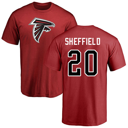 Atlanta Falcons Men Red Kendall Sheffield Name And Number Logo NFL Football #20 T Shirt